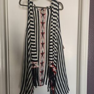 Unity World Wear Navy and White Striped Fringe Vest with Red Detail